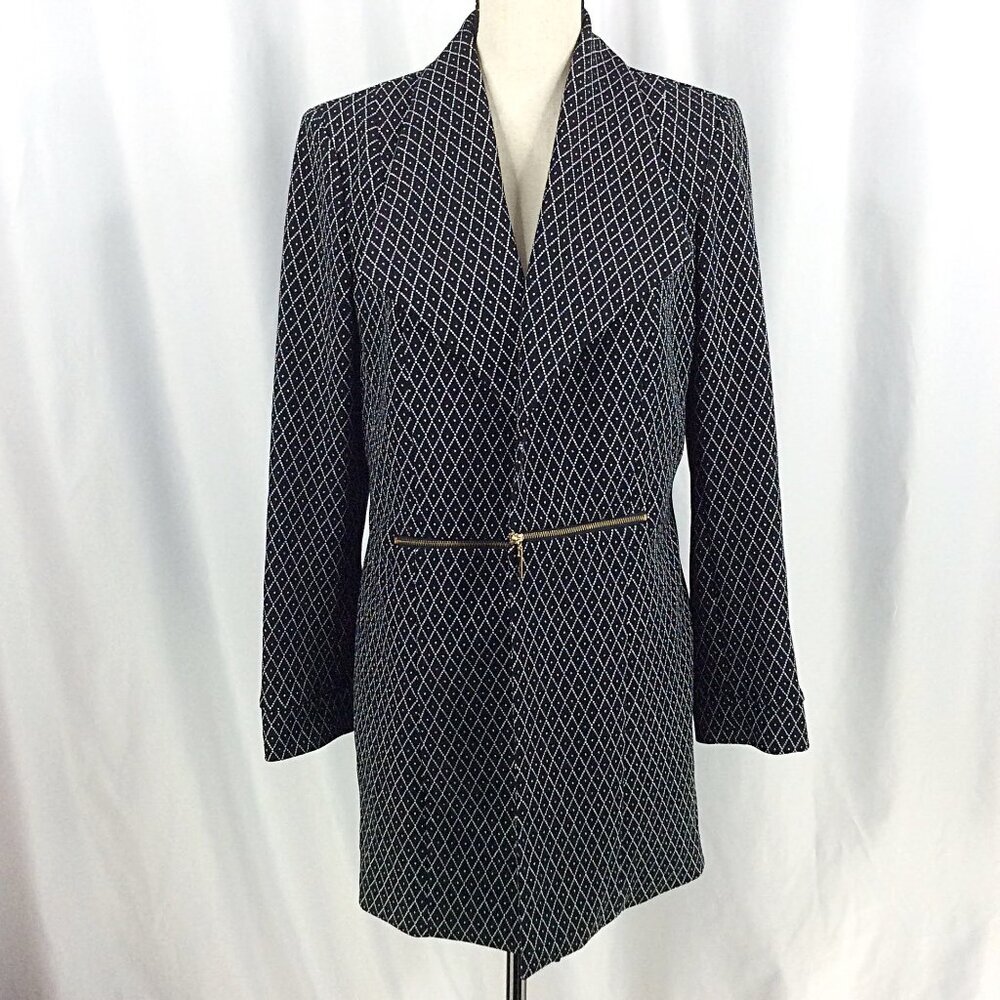 Black Label Evan Picone Open Trench Blazer Jacket‎ 10 Black Diamond Plaid Gold